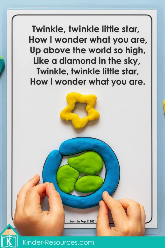 Collection of Twinkle Twinkle Little Star play dough mats including stars, world, and diamond shapes for interactive nursery rhyme practice.