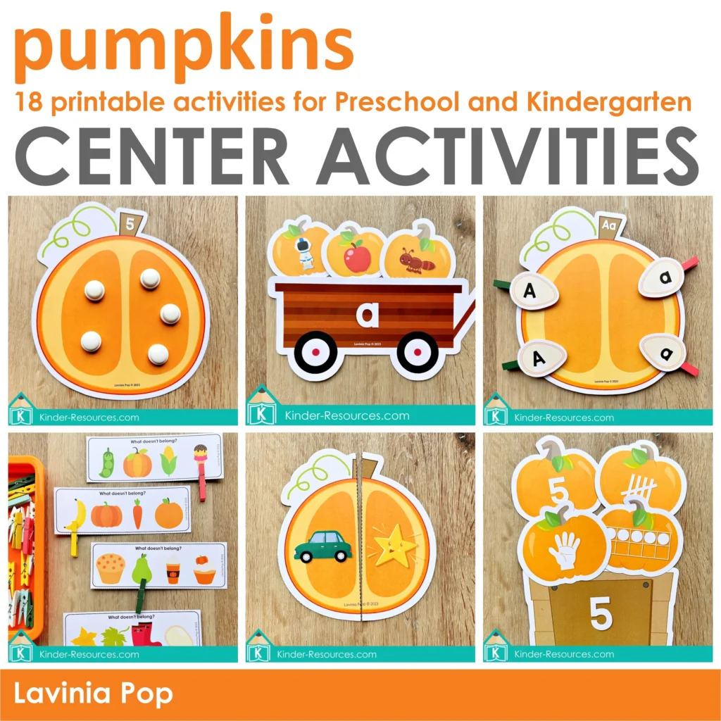 Pumpkin preschool collage showing seed counting, beginning sounds wagon, alphabet matching, rhyming pumpkin, number sense crate, and odd one out cards.