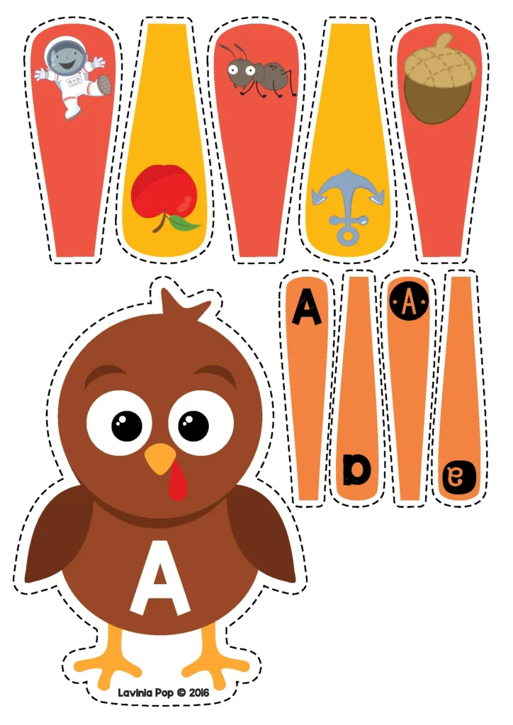 Free printable turkey alphabet matching activity for preschool and kindergarten students featuring uppercase and lowercase letter A with beginning sound picture feathers