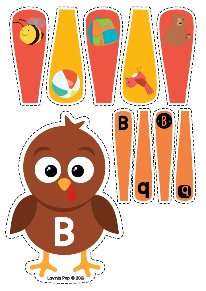 Free printable turkey alphabet matching activity for preschool and kindergarten students featuring uppercase and lowercase letter B with beginning sound picture feathers
