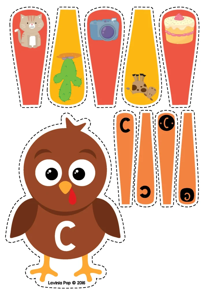 Free Thanksgiving turkey alphabet matching page for preschool and kindergarten students practicing letter C with picture feathers showing cat, cake, and camera images