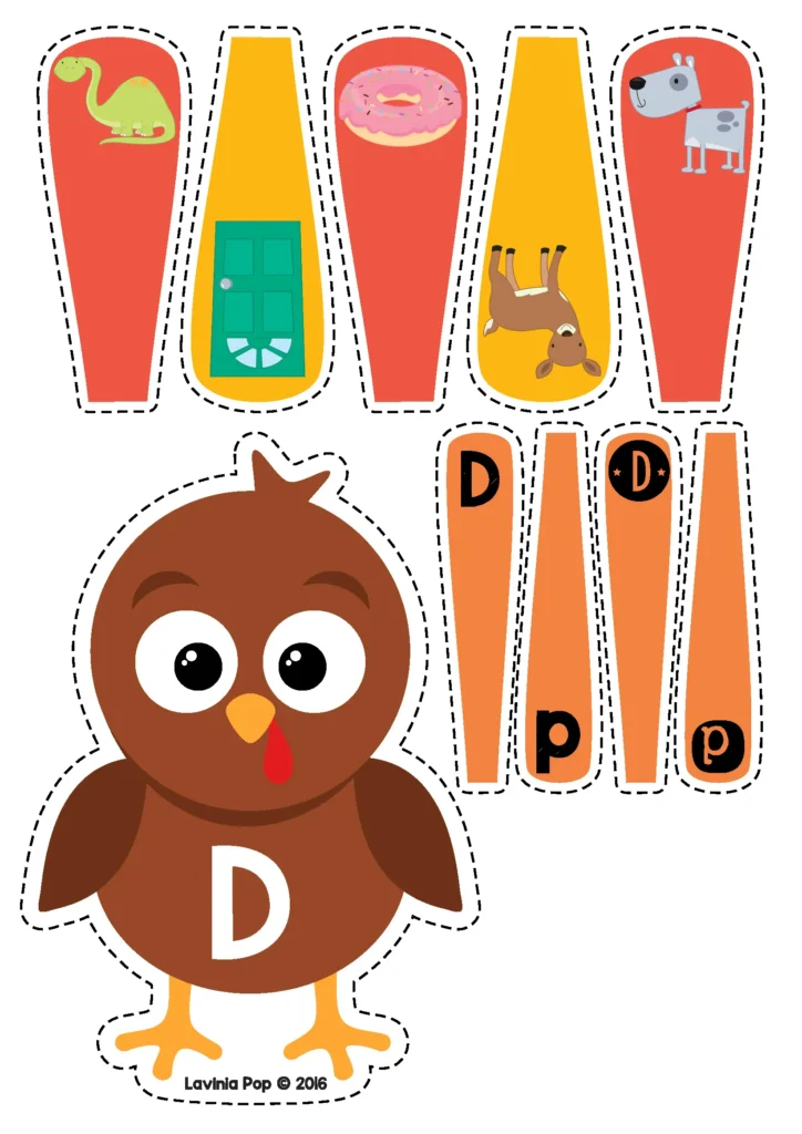 Free printable Thanksgiving turkey alphabet letter D matching game for preschool and kindergarten featuring picture feathers for dinosaur, door, and dog sounds