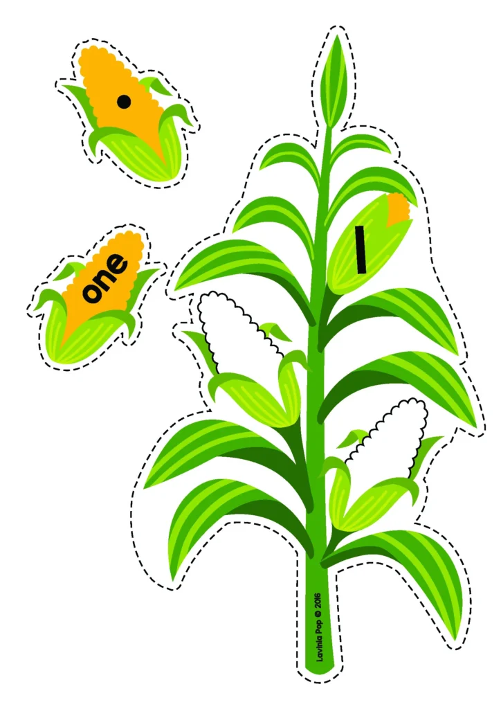 Free printable Thanksgiving corn counting activity for preschool and kindergarten students matching numeral 1 with corn pieces showing one dot and the word one