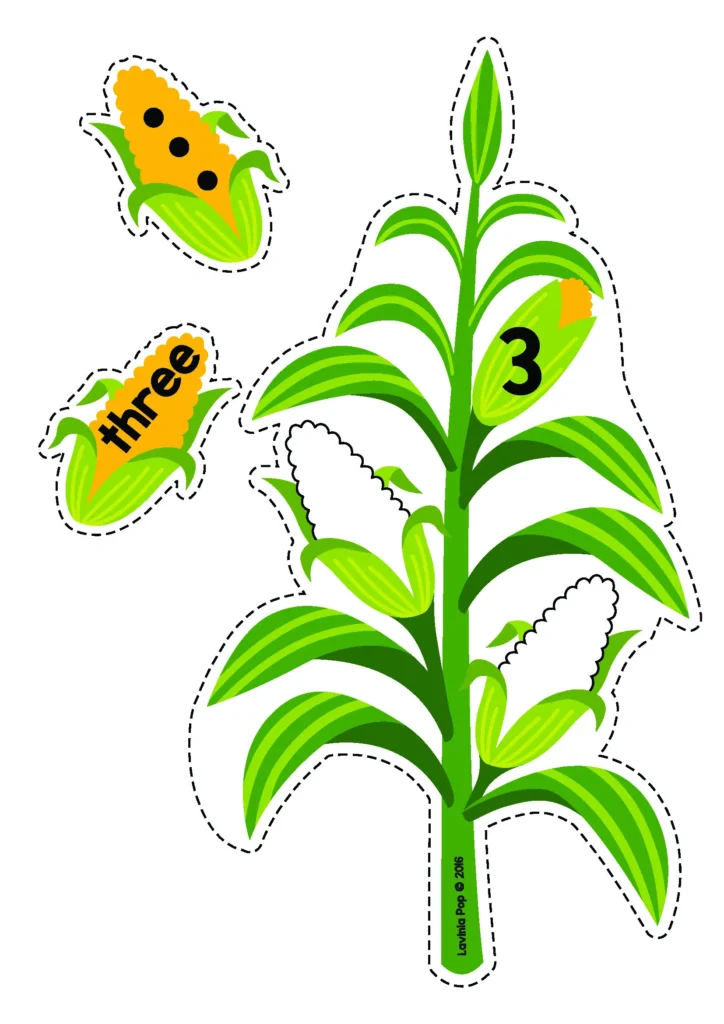 Free Thanksgiving corn number matching page for preschool and kindergarten students matching numeral 3 with corn pieces showing three dots and the word three