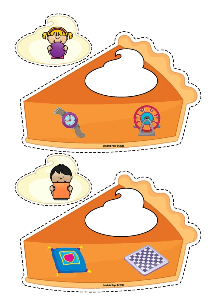 Free printable Thanksgiving pumpkin pie shape matching activity for preschool and kindergarten where children match whipped cream shapes to real-life objects