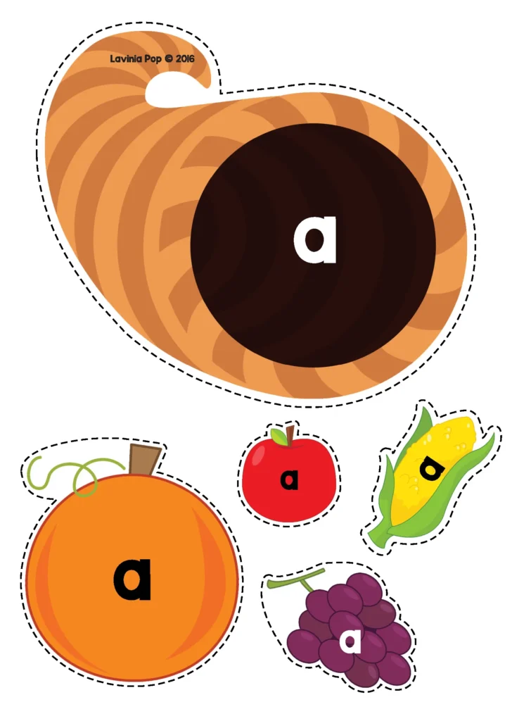 Printable Thanksgiving cornucopia sight word matching activity featuring letter A for early reading practice