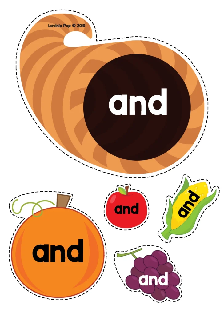 Printable sight word cornucopia game for preschool and kindergarten to match the word and on fruit and vegetable cards