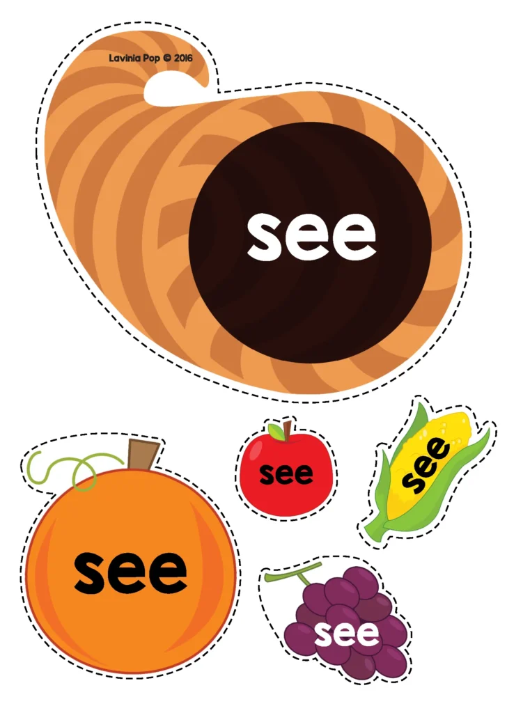 Printable Thanksgiving cornucopia sight word activity featuring the word see for preschool literacy practice