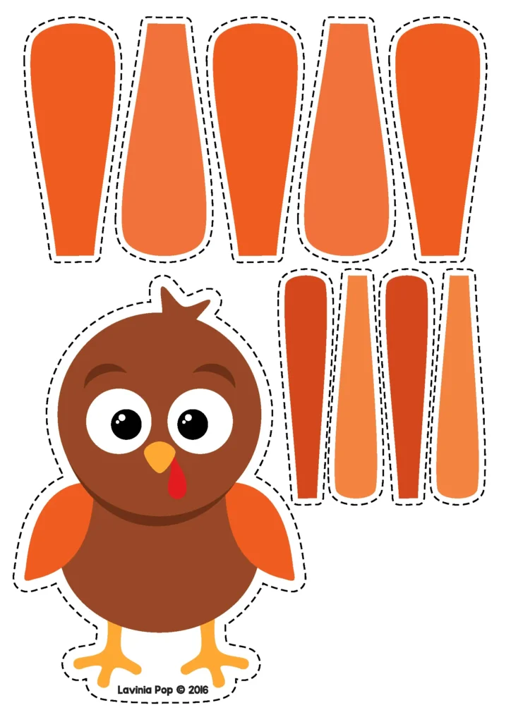 Printable turkey with orange feathers for color sorting and matching in preschool and kindergarten