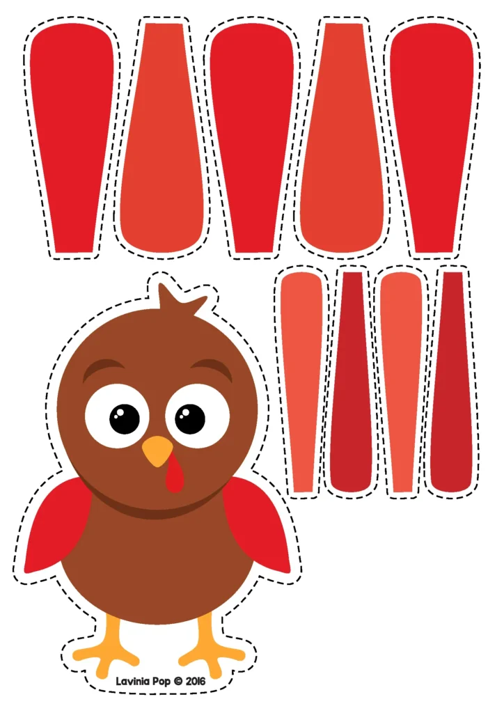 Printable red turkey feather color activity for Thanksgiving fine motor and color recognition practice