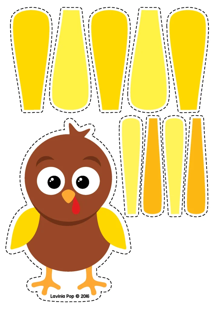 Printable turkey with yellow feathers for preschool color recognition and fine motor sorting activity