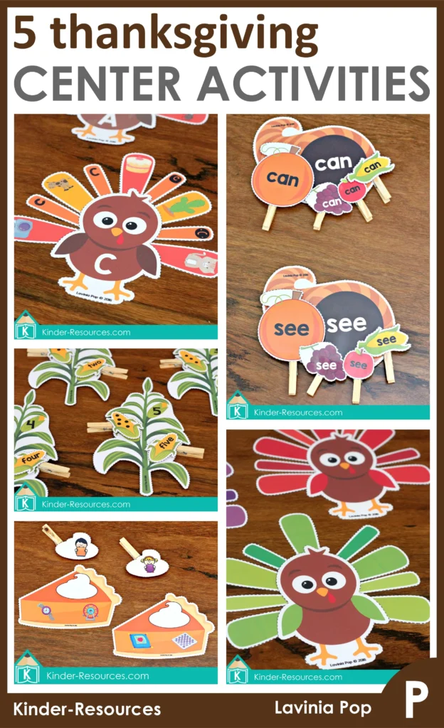 Five Thanksgiving preschool center activities for literacy and math featuring turkey letter match, sight word cornucopia, corn number clip cards, pumpkin pie shape match, and turkey color sorting for preschool and kindergarten