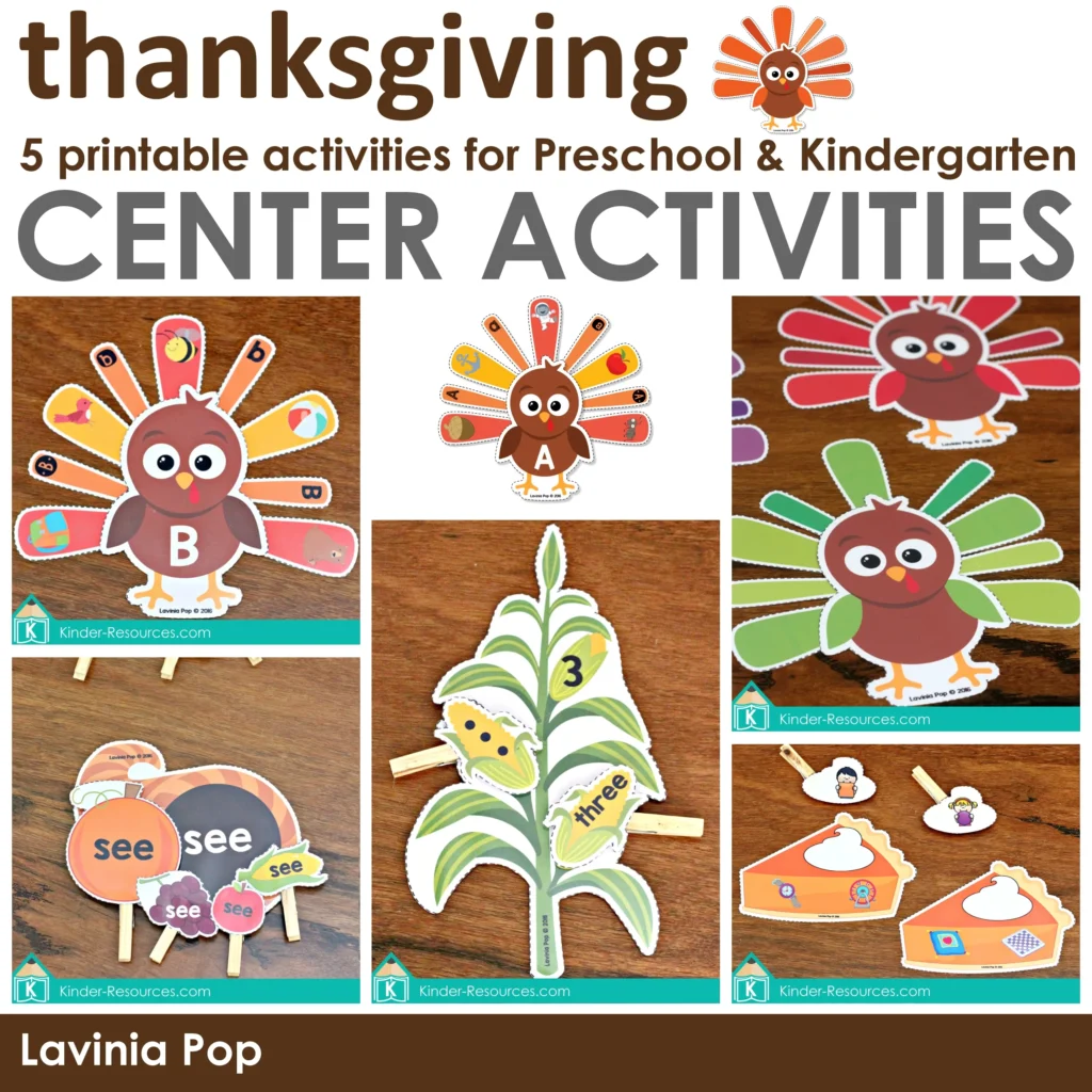 Thanksgiving preschool center activities including turkey alphabet and beginning sound match, corn number counting, cornucopia sight word matching, pumpkin pie shape sorting, and color feather sorting for preschool and kindergarten