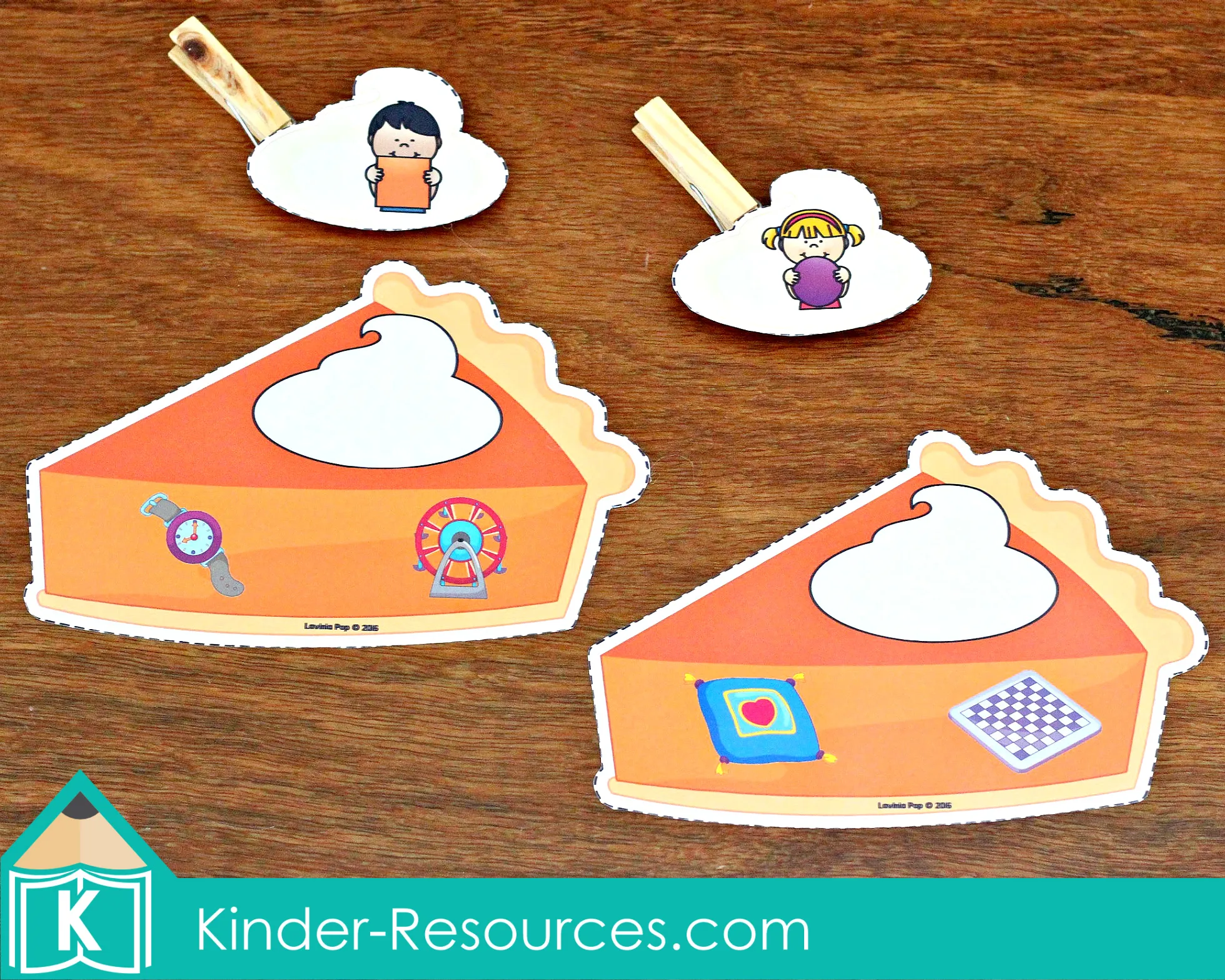 Pumpkin pie shape matching activity for preschool and kindergarten students with whipped cream pieces clipped to pies showing real-life shaped objects
