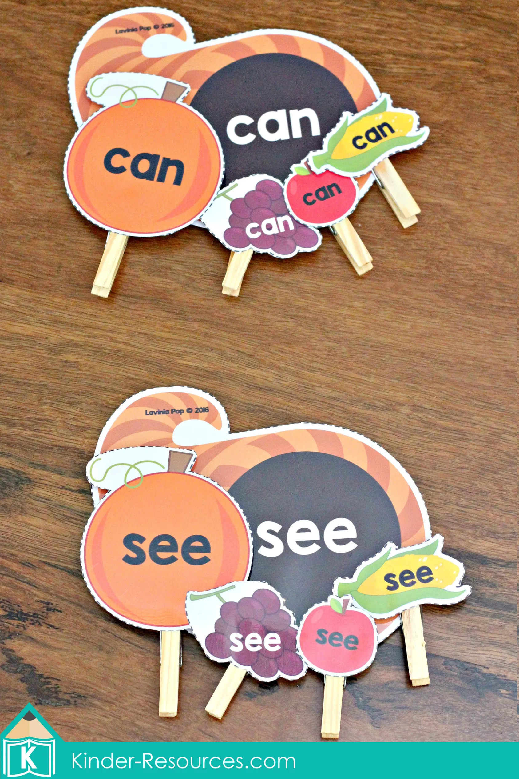 Cornucopia sight word activity for preschool and kindergarten with clothespin fruit and vegetable cards labeled with sight words like can and see