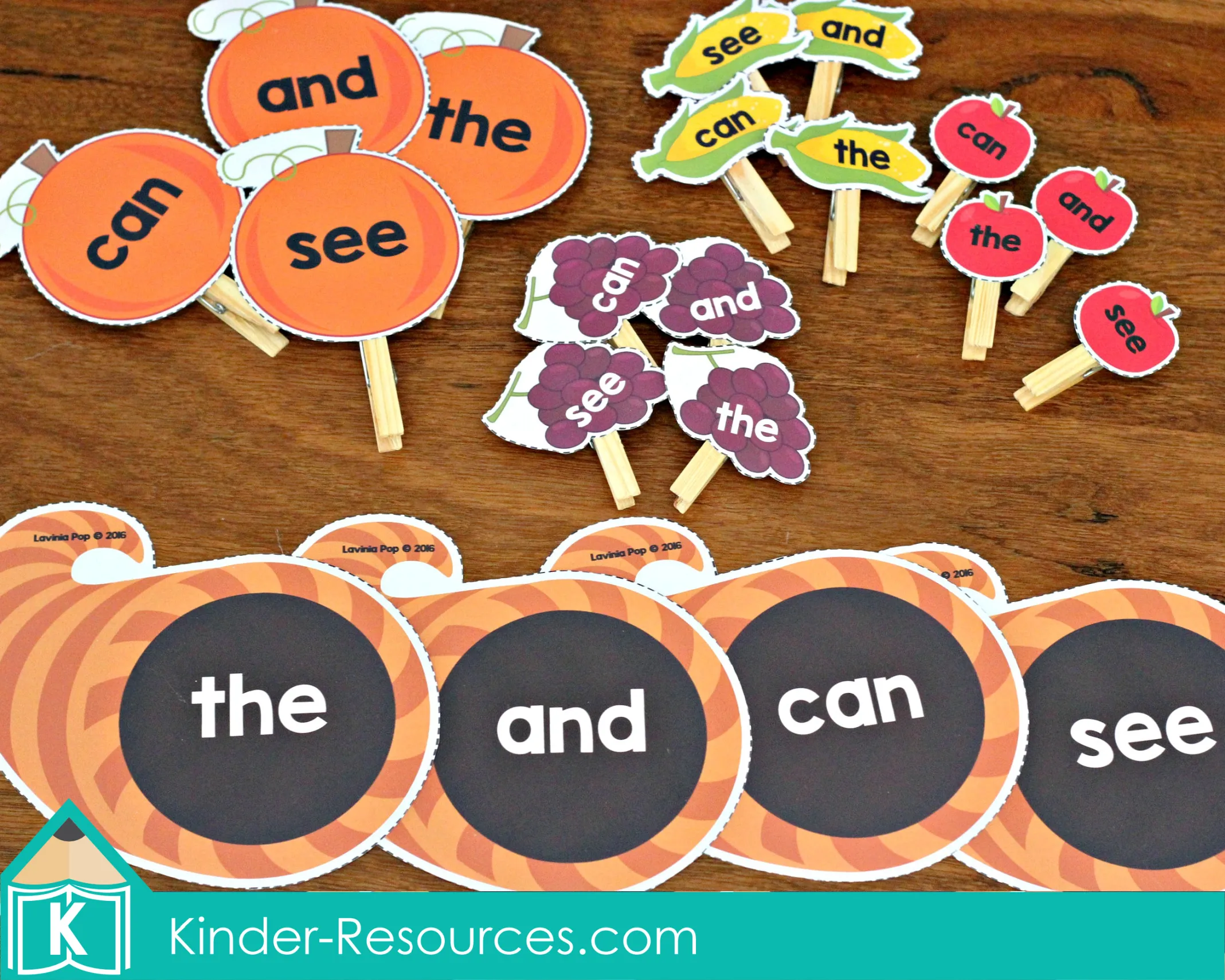Thanksgiving preschool sight word center featuring cornucopia mats and fruit and vegetable cards for matching sight words such as the, and, can, and see