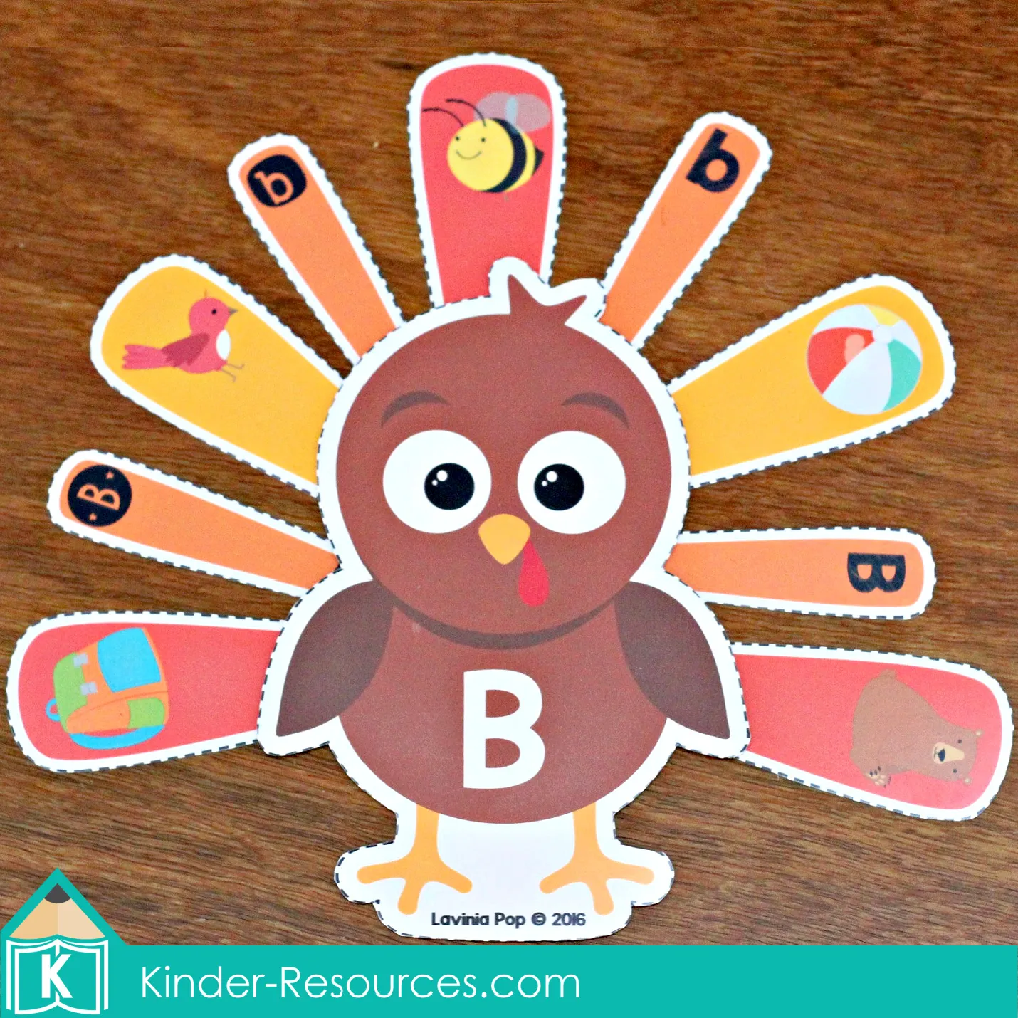 Thanksgiving turkey alphabet letter match activity for preschool and kindergarten students matching letter B feathers with beginning sound pictures