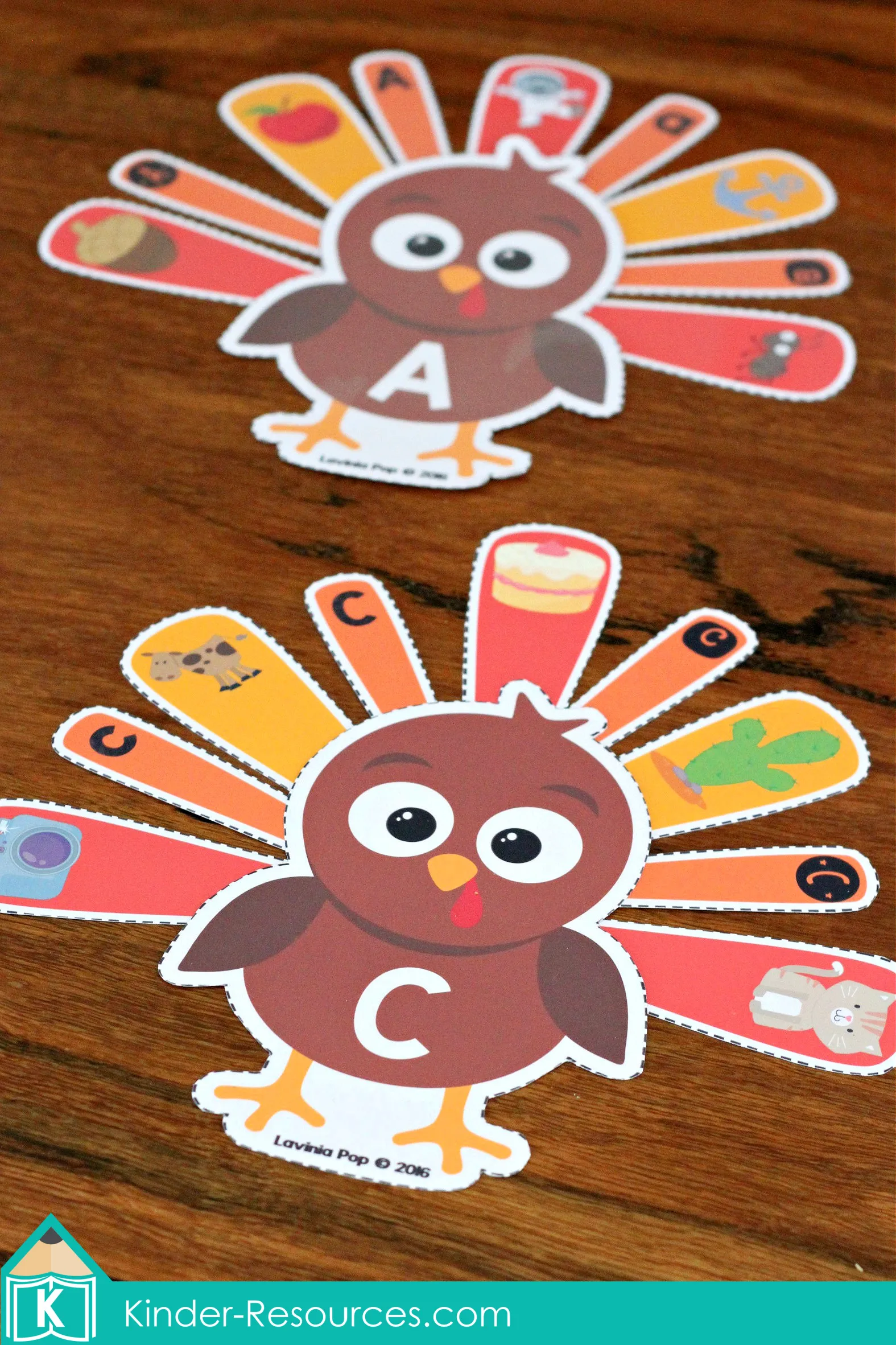 Thanksgiving turkey alphabet matching activity with letter A and C turkeys and picture feathers for beginning sound and letter recognition practice