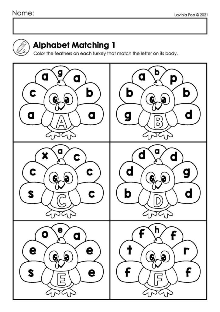 Thanksgiving alphabet matching worksheet where preschoolers color turkey feathers that match uppercase and lowercase letters to build letter recognition.
