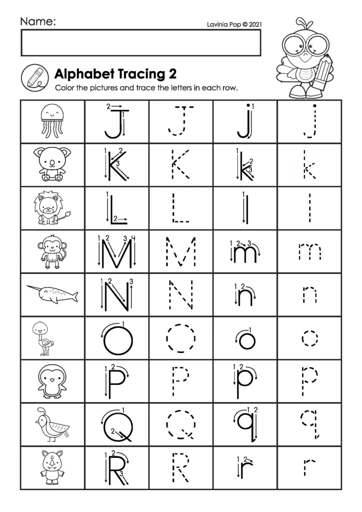 Thanksgiving alphabet tracing worksheet for preschool featuring uppercase and lowercase letters J to R with cute animal pictures for handwriting practice.