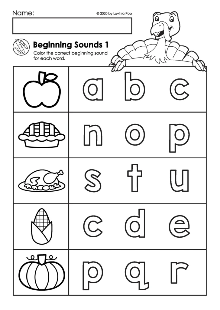 Thanksgiving beginning sounds worksheet for preschool where children color the correct letter for each Thanksgiving picture to practice phonemic awareness.