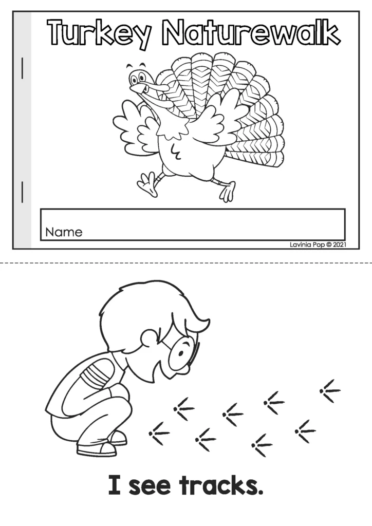 Printable Thanksgiving emergent reader book for preschool featuring a turkey and short sentences for beginning readers such as “I see tracks.”