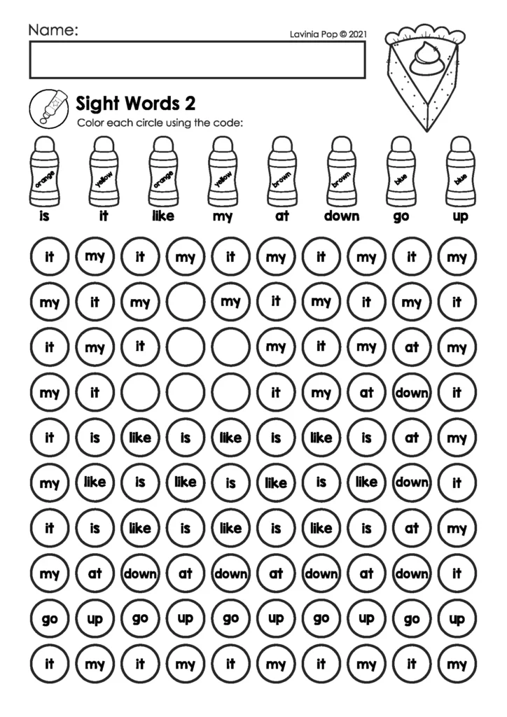 Thanksgiving sight word coloring worksheet for preschool with color-by-code bottles and circles for words like it, my, like, down, and go.