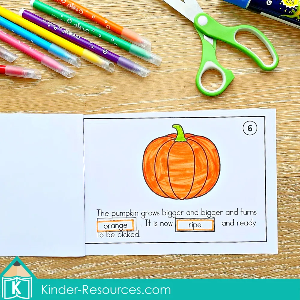 Set of pumpkin life cycle cut and paste booklets for kindergarten and first grade with pictures and sentences showing growth from seed to pumpkin