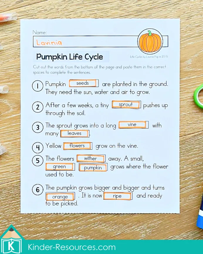 Pumpkin life cycle worksheet for kindergarten where children cut and paste missing words like seed, sprout, vine, flower, and pumpkin to complete sentences