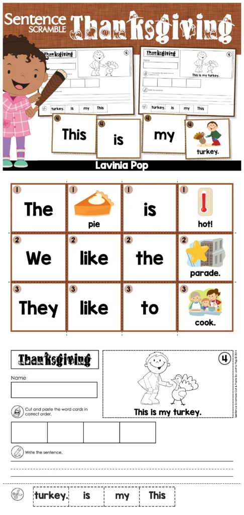 hanksgiving sentence scramble pocket chart activity showing sentence cards and matching cut and paste worksheets for building sentences like “This is my turkey” and “The pie is hot.” Perfect literacy center for kindergarten and first grade.