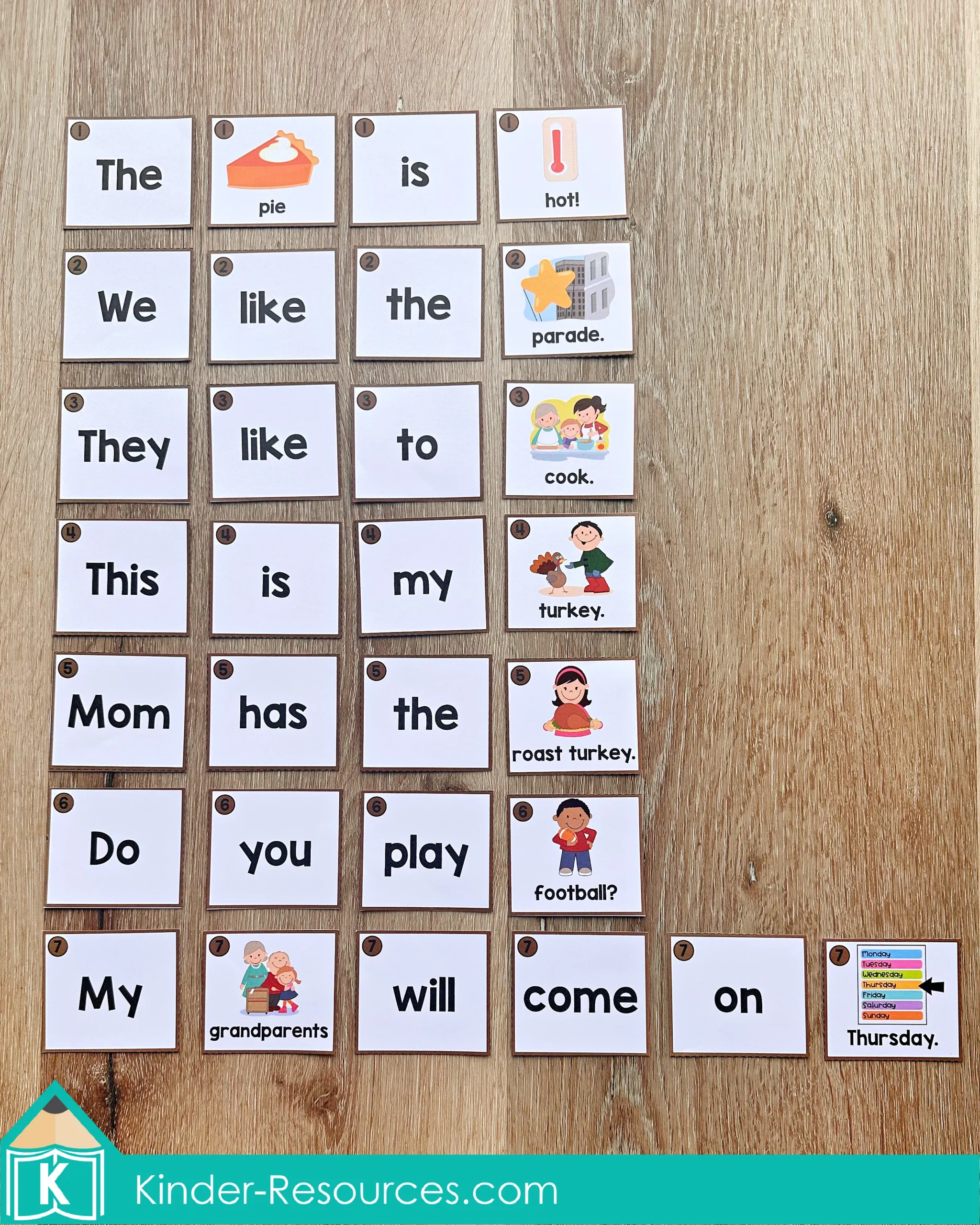 Thanksgiving sentence scramble pocket chart center with picture-word cards arranged for sentences like “The pie is hot,” “We like the parade,” and “This is my turkey.” Perfect for kindergarten and first-grade literacy practice.