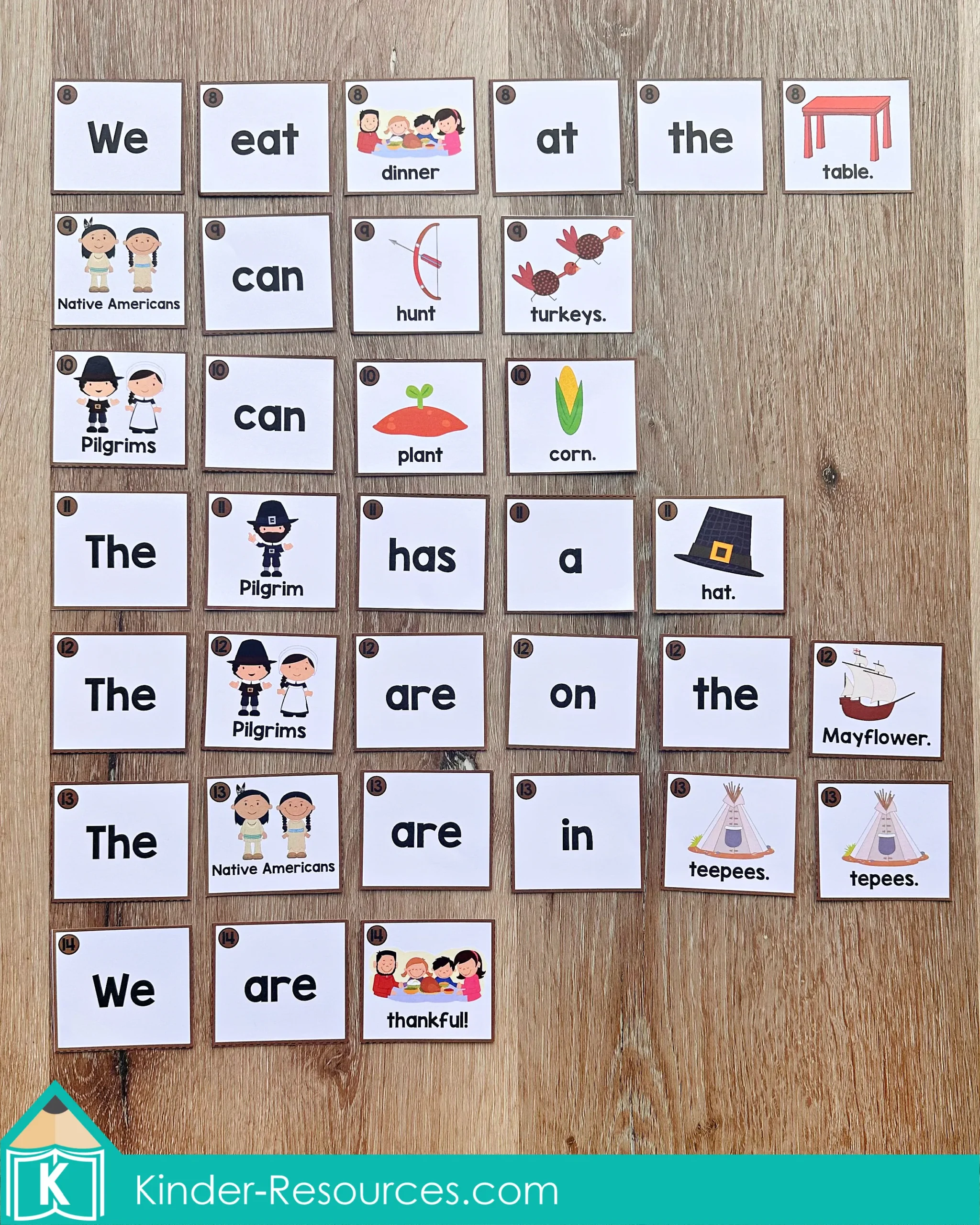 Thanksgiving sentence scramble cards for kindergarten literacy centers featuring sentences such as “We eat dinner at the table,” “Pilgrims can plant corn,” and “We are thankful.” Great for pocket chart sentence building.
