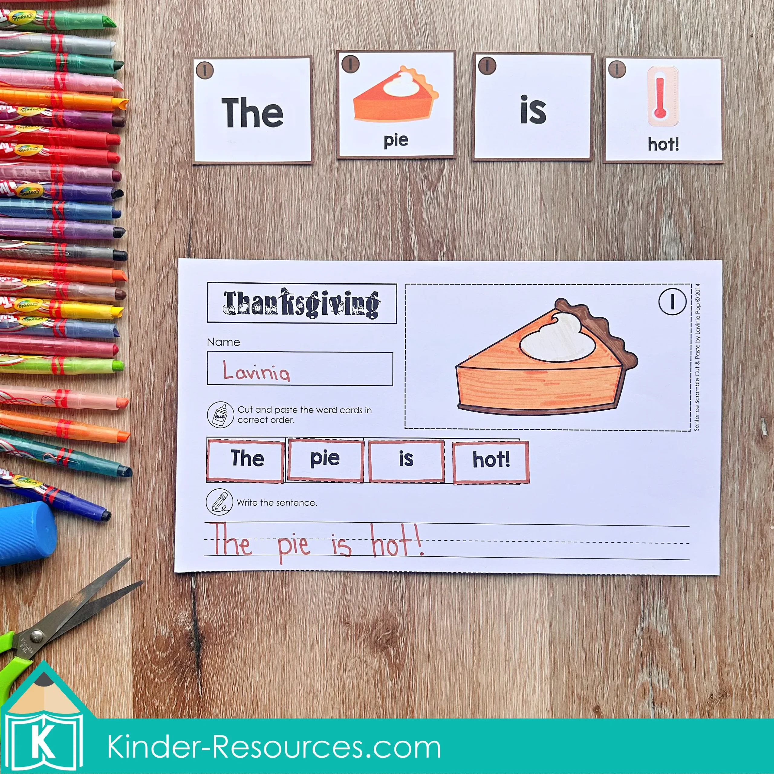 Thanksgiving sentence scramble worksheet for kindergarten and first grade focusing on sentence order with “The pie is hot.”