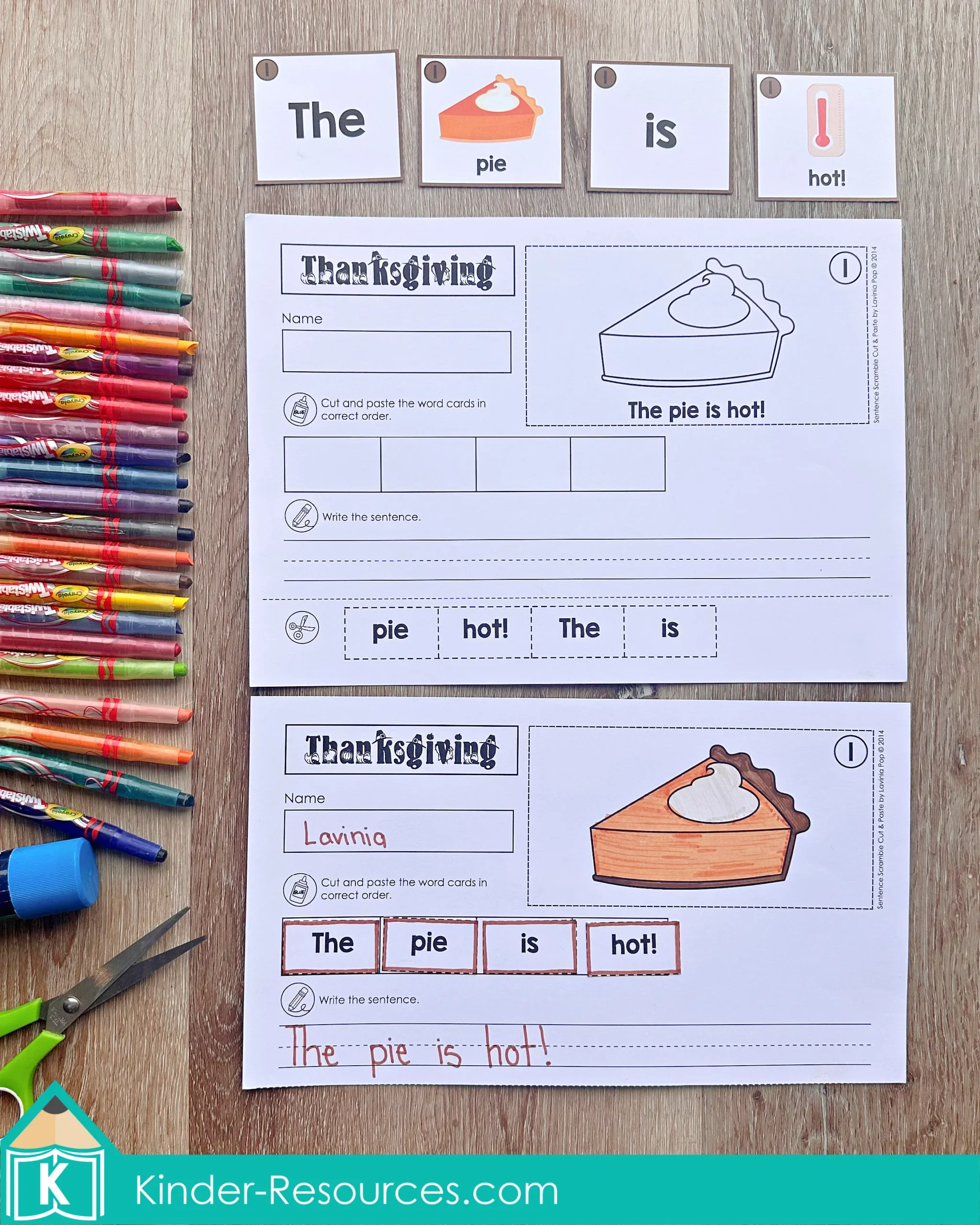 Thanksgiving cut and paste worksheet for kindergarten sentence building with the sentence “The pie is hot.”