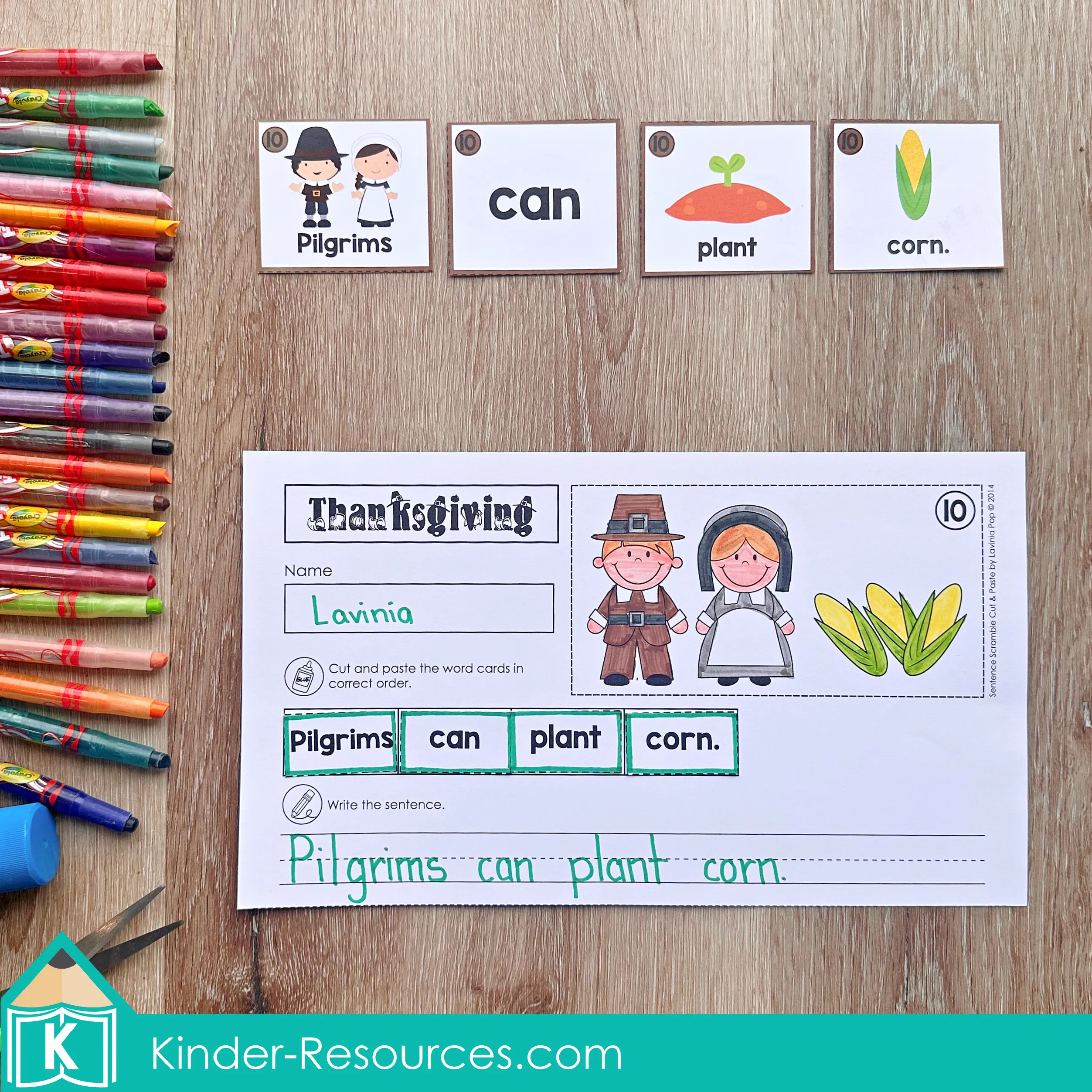 Thanksgiving sentence scramble worksheet for kindergarten literacy practice featuring the sentence “Pilgrims can plant corn.”