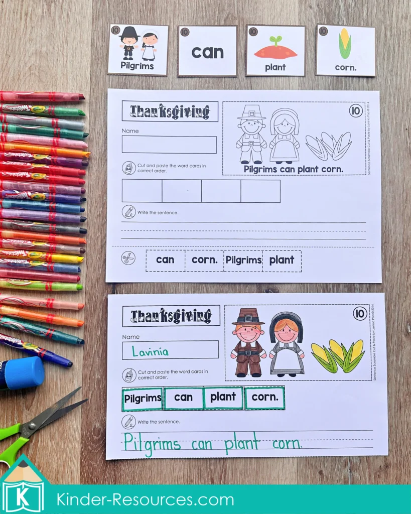Thanksgiving sentence scramble worksheet for kindergarten literacy practice featuring the sentence “Pilgrims can plant corn.”
