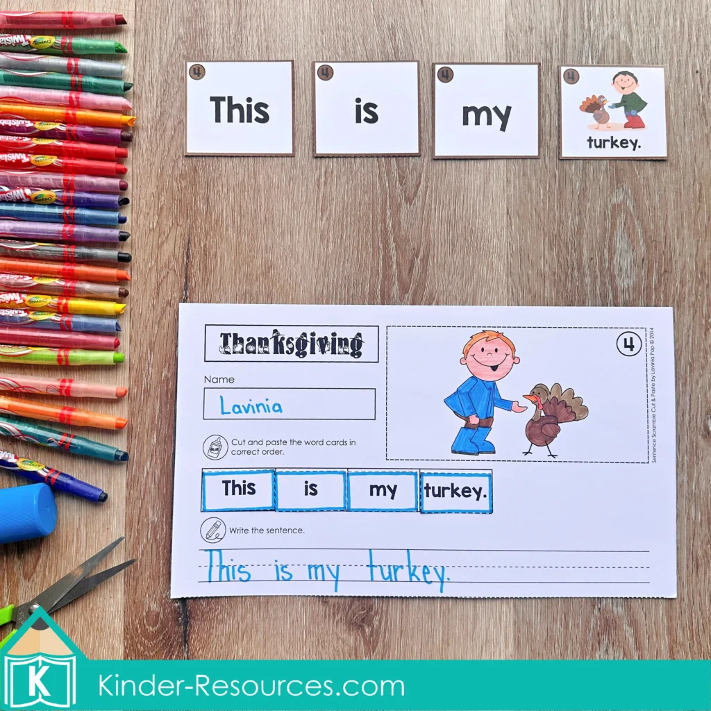 Thanksgiving sentence scramble activity for kindergarten and first grade using picture-word cards and worksheet with the sentence “This is my turkey.”