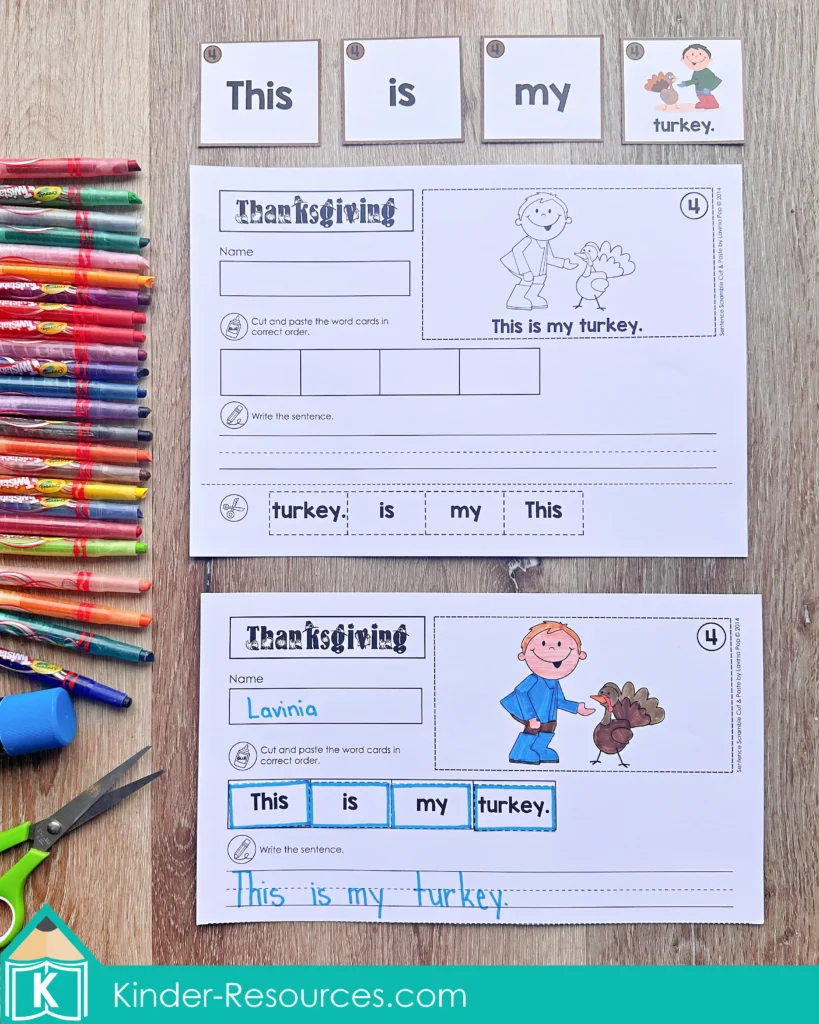 Thanksgiving sentence scramble pocket chart and cut-and-paste worksheet for kindergarten showing the sentence “This is my turkey.” Includes crayons, scissors, and glue for a hands-on literacy activity.