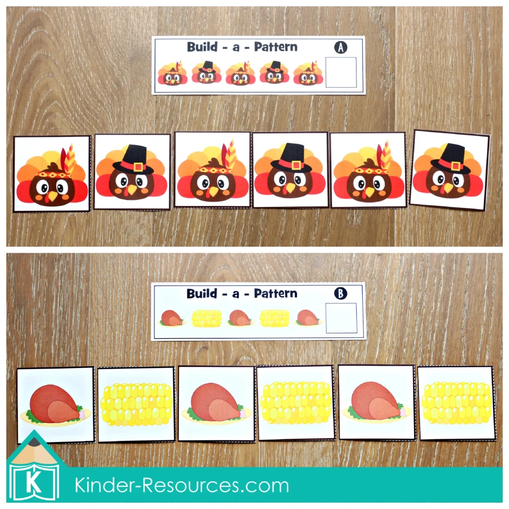 Build-a-Pattern activity from the Thanksgiving Math Centers for Kindergarten packet. Children complete AB, ABB, and AAB patterns using turkeys, corn, and other Thanksgiving images. This fun hands-on activity teaches visual sequencing and pattern recognition. Free sample pages are available to download.