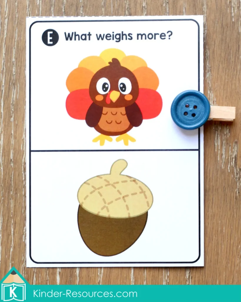 hich Weighs More? clip cards featuring turkeys, pumpkins, acorns, and pumpkin pie. Children decide which object is heavier and mark their answer using clothespins or buttons. A playful way to introduce comparison and weight concepts in kindergarten. Free sample pages available on the blog.
