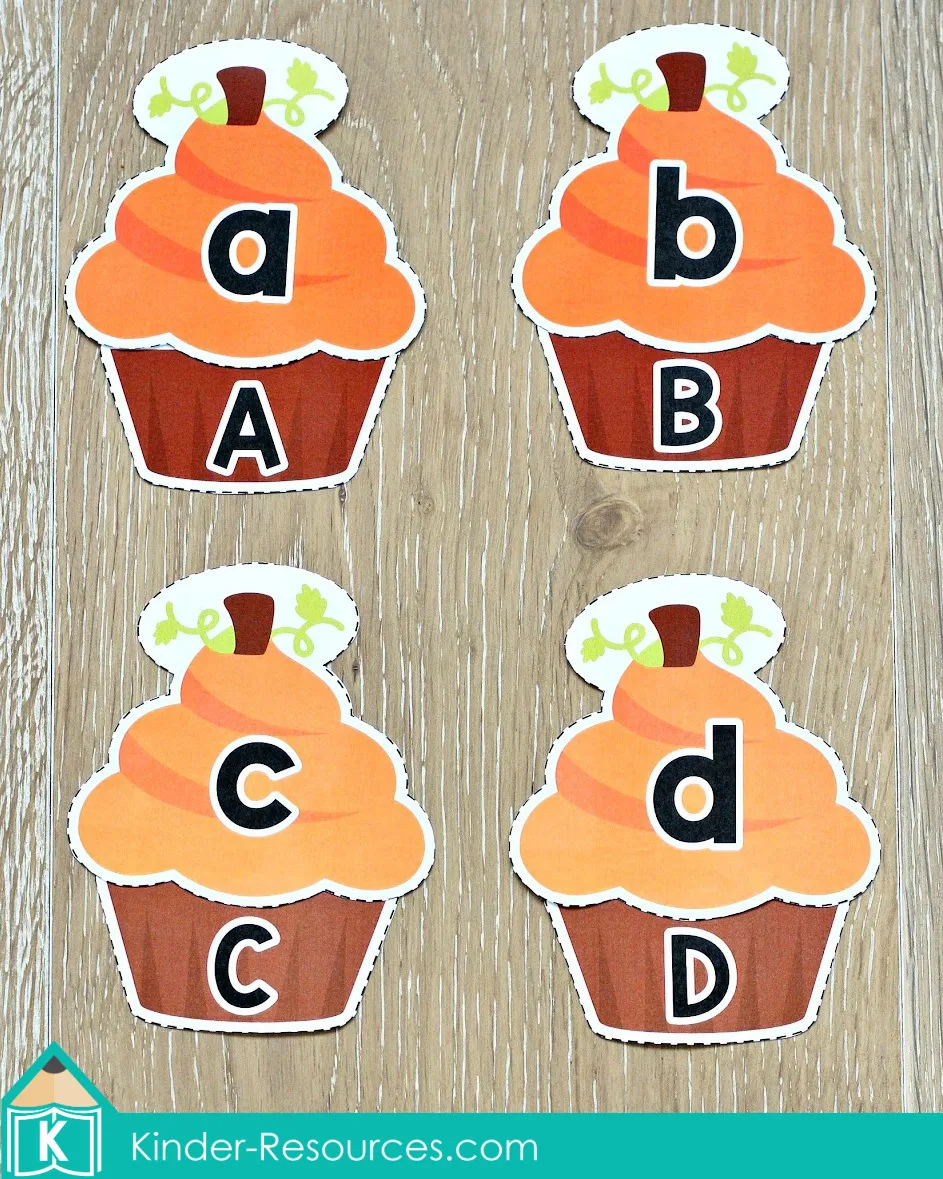 Pumpkin letter cards for matching uppercase and lowercase letters in a Thanksgiving literacy center. Download FREE printable activites!