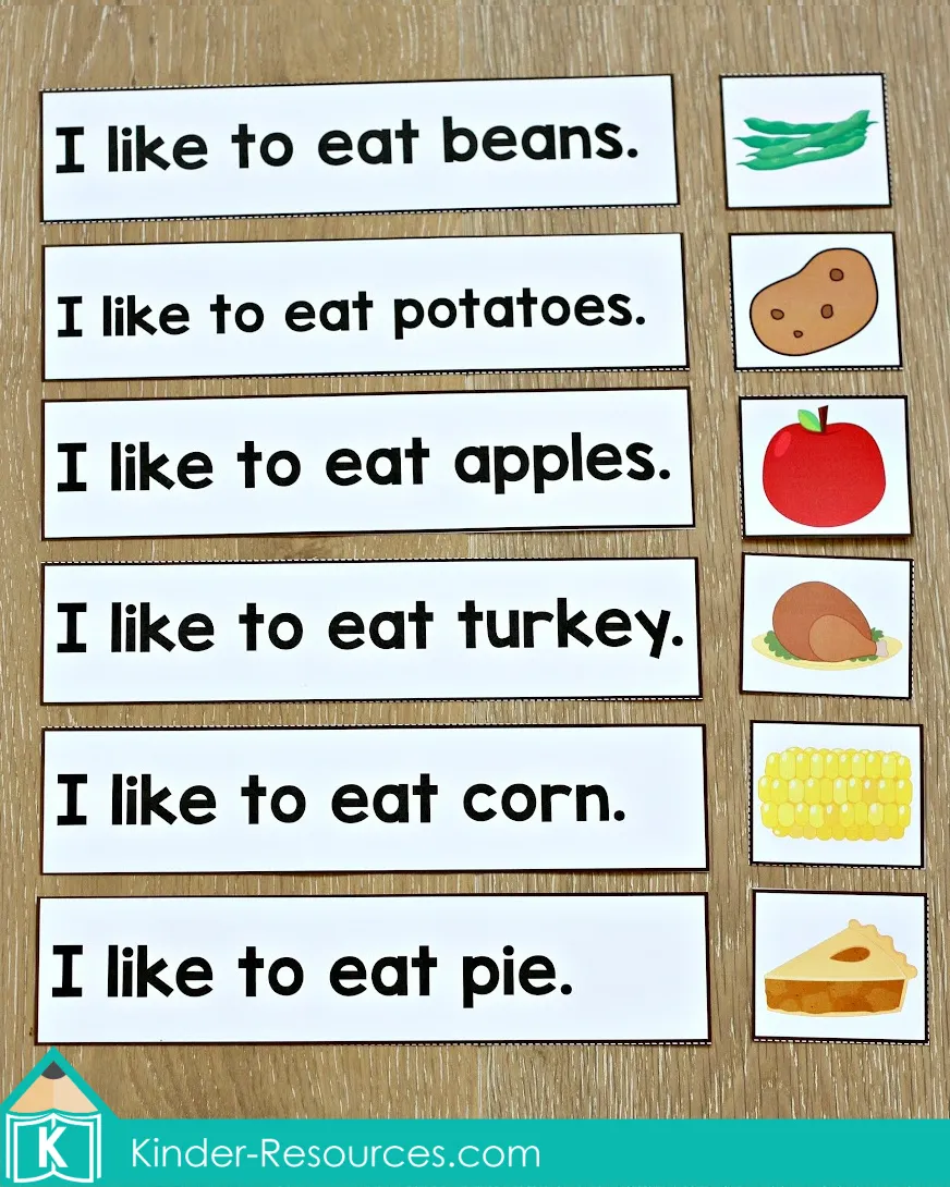 Thanksgiving sentence strips with matching picture cards for reading comprehension practice
