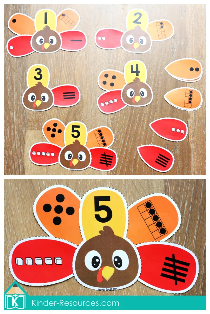 Turkey Number Match activity where children connect different number representations—numerals, ten frames, tally marks, and cubes—to the correct turkey body. Great for building number sense and subitizing skills in kindergarten math centers. Free sample pages available to download.