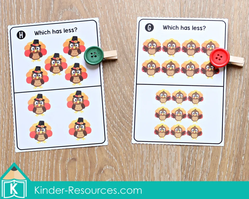 Two Which Has Less? Turkey Clip Cards showing different groups of turkeys for kindergarten math practice. Children use clothespins to choose the smaller set and develop early comparison and reasoning skills. A hands-on activity included in the Thanksgiving Math Centers for Kindergarten packet. Free sample pages available for download.