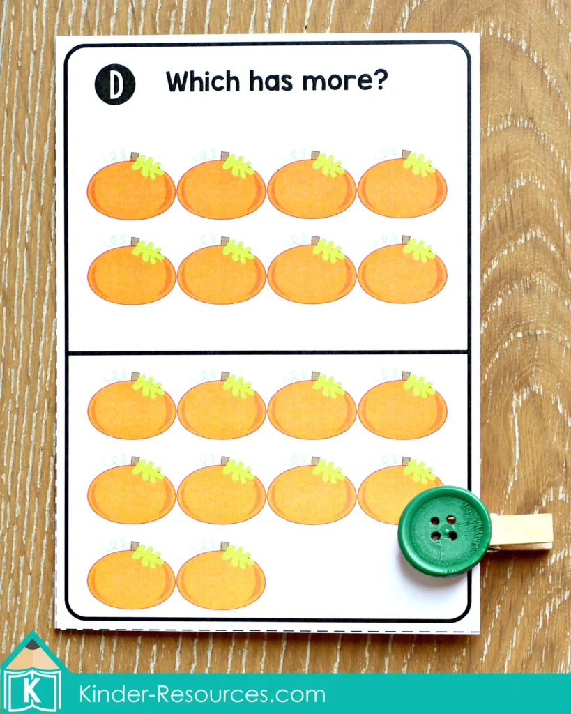 Which Has More? Clip Cards featuring pumpkin pictures from the Thanksgiving Math Centers for Kindergarten pack. Students compare two groups, identify which has more items, and clip the answer using clothespins. Builds early comparison and counting skills. Download free sample pages.