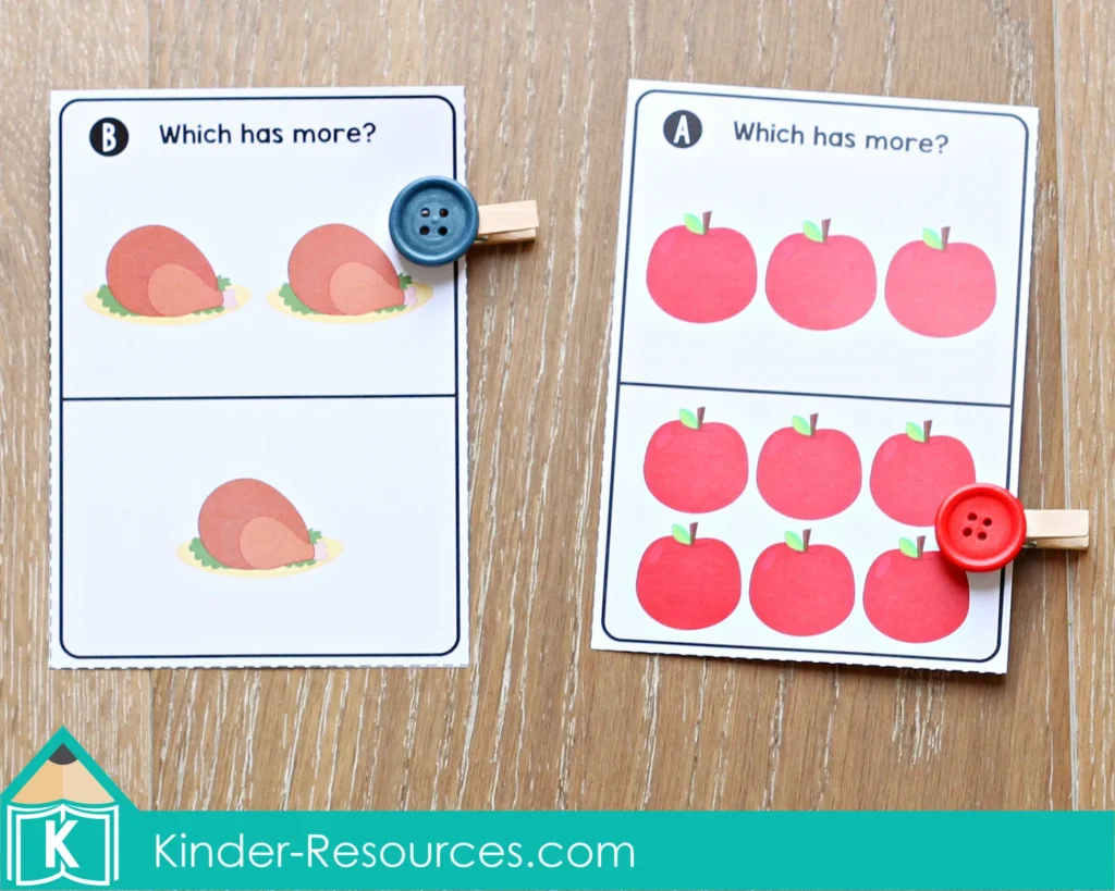 Comparing Quantities clip cards with turkey and apple images from the Thanksgiving Math Centers for Kindergarten resource. Children decide which box shows more and mark their answer with clothespins or buttons. A fun way to teach “more” and “less” during November math lessons. Free sample pages available to download.
