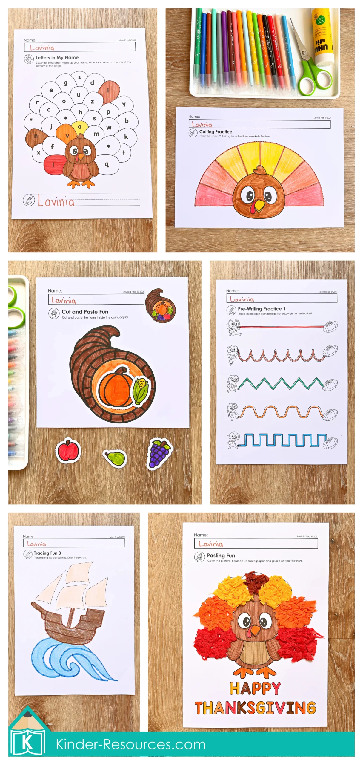 Thanksgiving preschool worksheets for fine motor and pre-writing practice including turkey name letters, cutting feathers, cornucopia cut and paste, football tracing lines, ship tracing page, and tissue paper turkey craft.