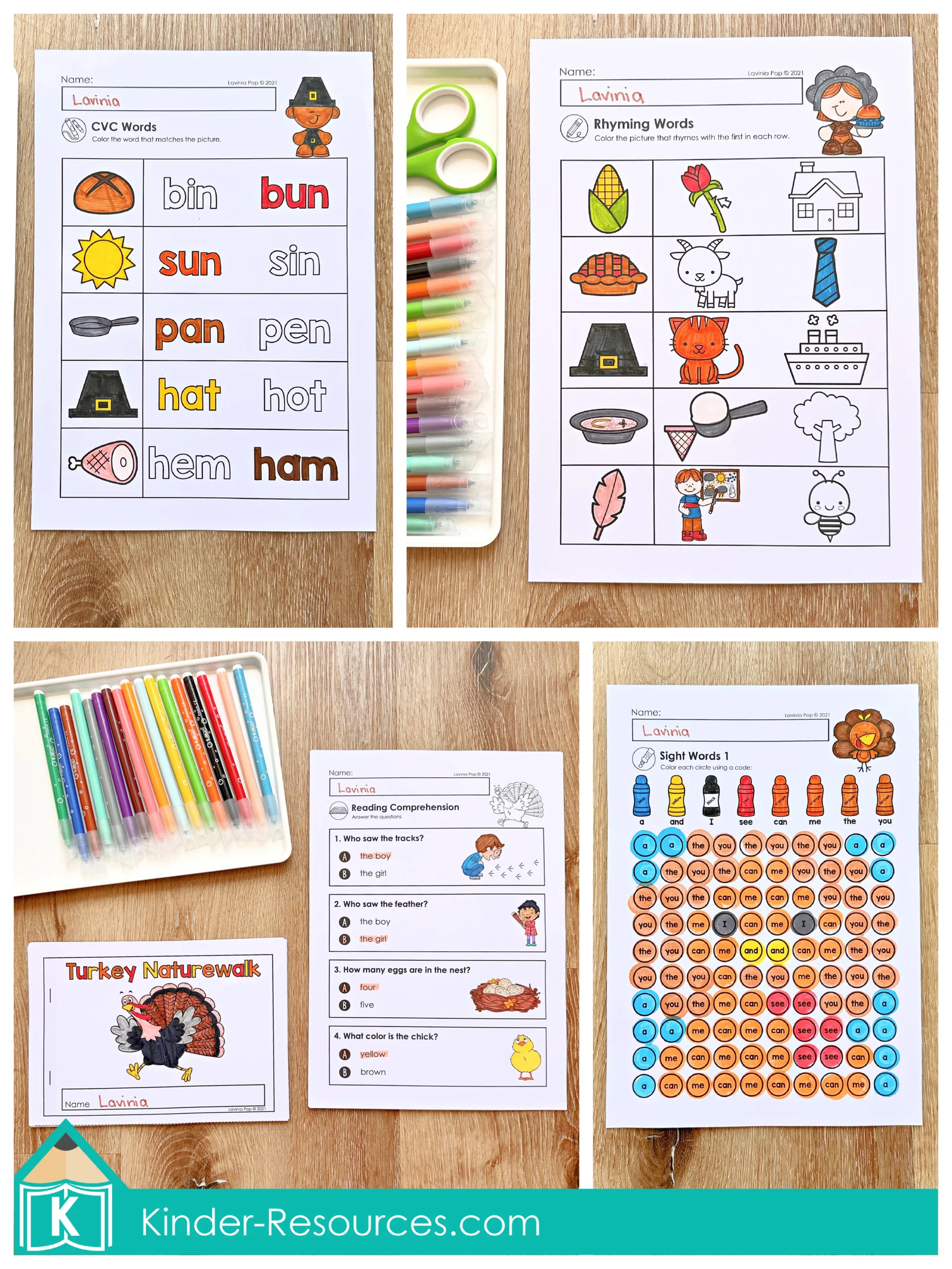 Thanksgiving preschool literacy worksheets including CVC word reading, rhyming words, sight word coloring, and a Turkey Naturewalk story with comprehension questions.