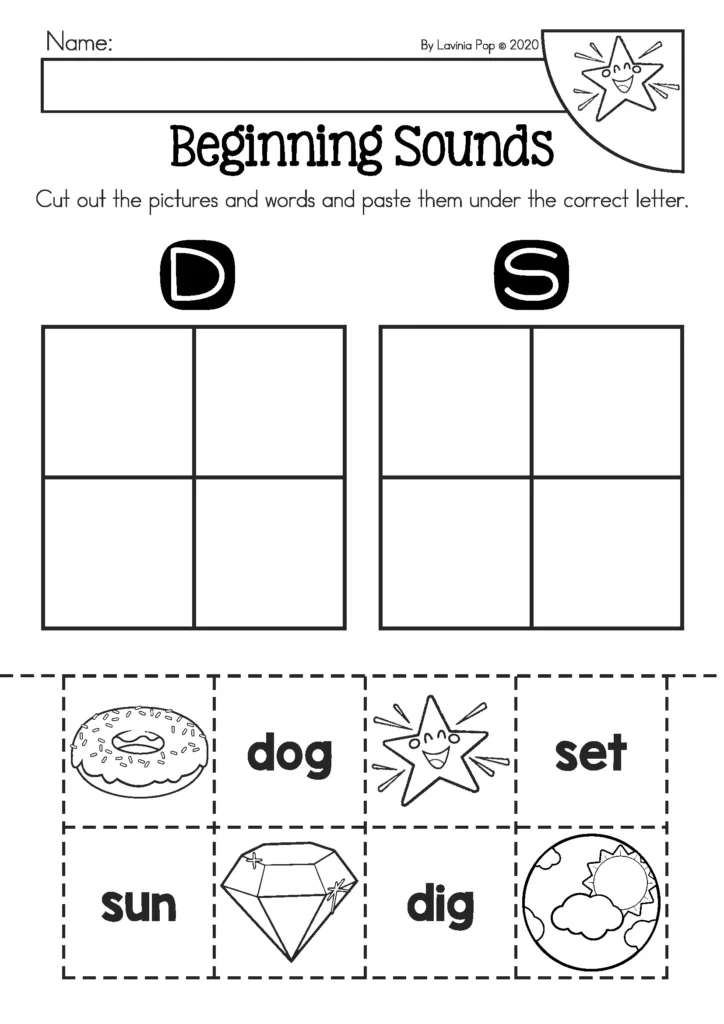 Free Twinkle Twinkle Little Star beginning sounds cut and paste worksheet sorting words by initial sounds D and S, available in the free download pack