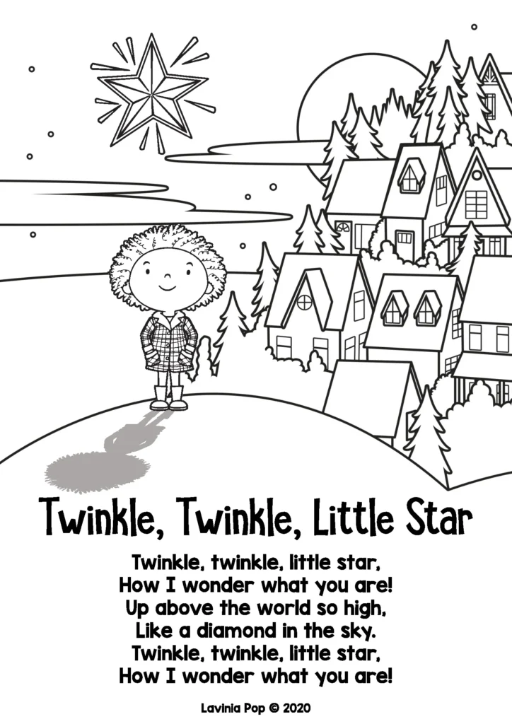 Free Twinkle Twinkle Little Star nursery rhyme black and white poster coloring page for preschool and kindergarten, included in the free sample download pack